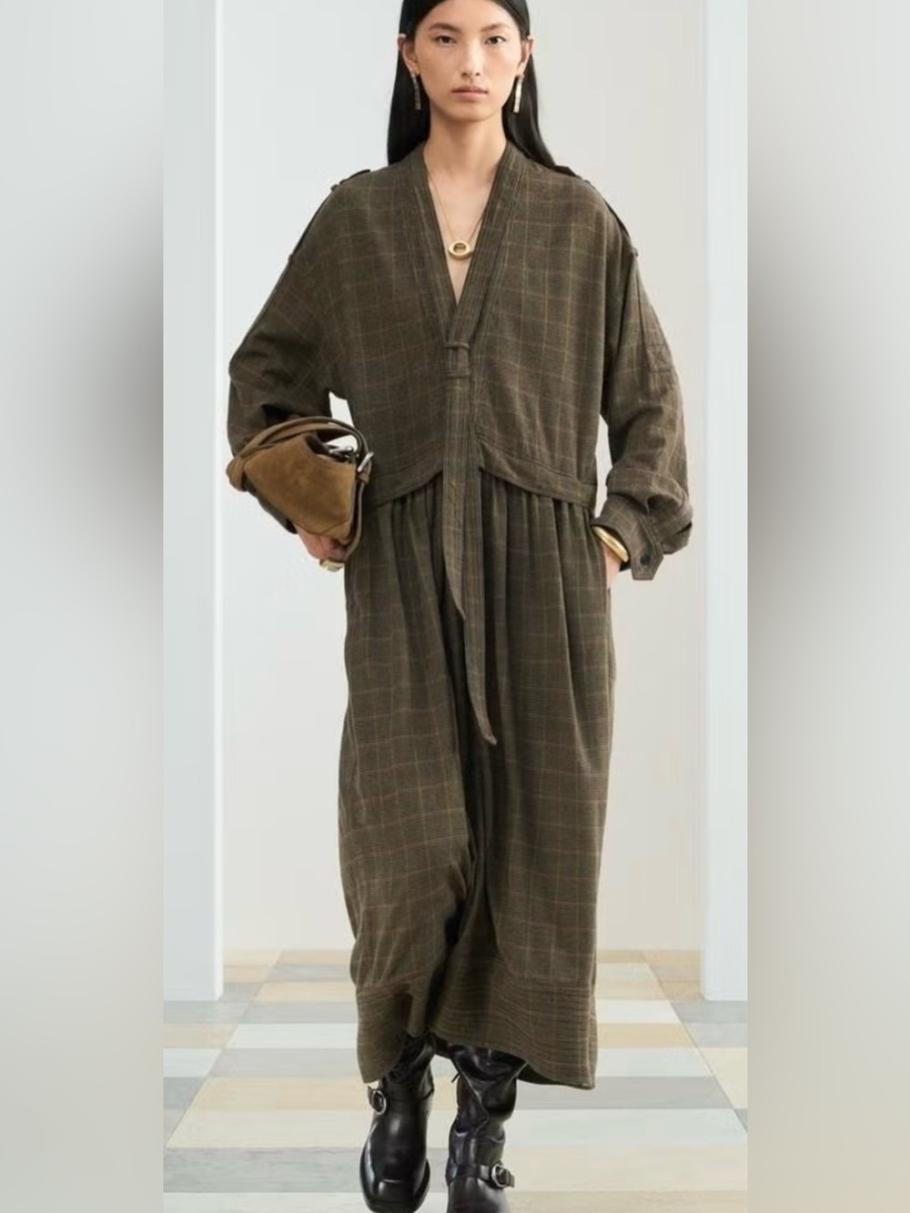 Zara SRPLS Wool Blend Plaid Midi Dress Brown Utility Military Size S